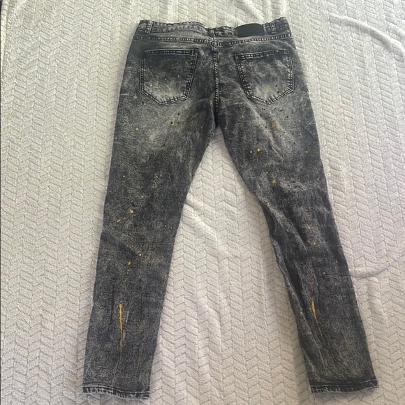 Encrypted Distressed Gray and Black Jeans with Yellow Accents - Picture 5 of 8